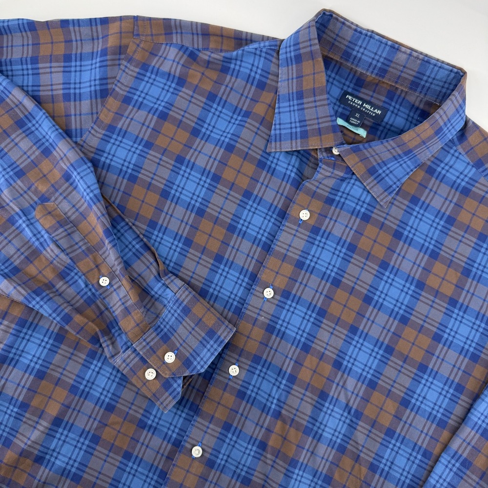 Peter Millar Button Down Mens XL Blue Brown Plaid Crown Crafted Flex Shirt Fall